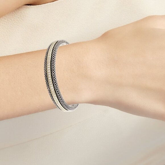 LAGOS DIAMOND 1.02 CTW 18K YELLOW GOLD & STERLING SILVER  HINGED BANGLE BRACELET - Picture 10 of 11